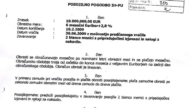 Pogodba za deset milijonov evrov posojil, ki jo je podpisal Zorko. 