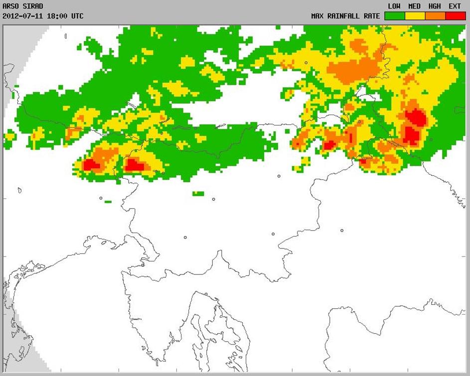 Radarska slika padavin 11 julija ob 18.00