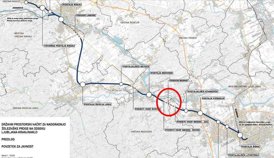 Načrt nadgradnje železniške proge Ljubljana-Kranj, obkrožen del Medno in Stanežiče | Avtor: Direkcija za infrastrukturo